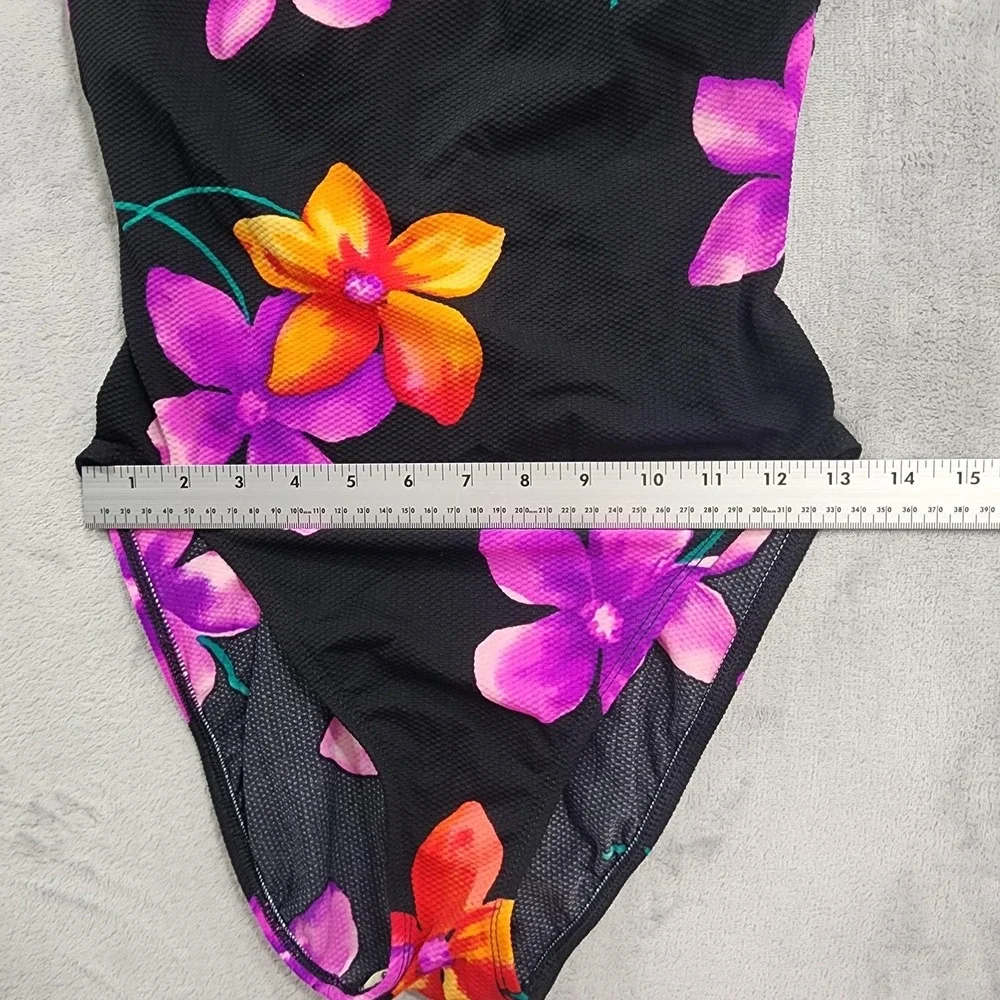 Vintage Beach Cabana Swimsuit M Black Floral One‎ Piece Padded Lined Stretch